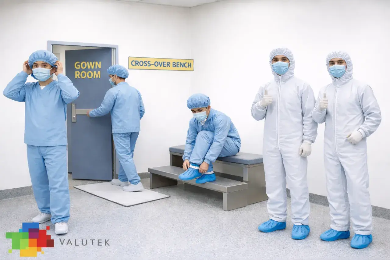 A group of cleanroom operators preparing for their shift in a cleanroom gown room.